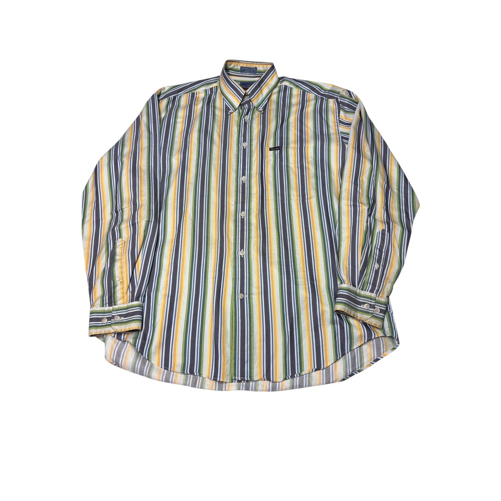 Vintage Faconnable‎ Mens Large Striped Button Down Shirt Cotton USA Yellow Green